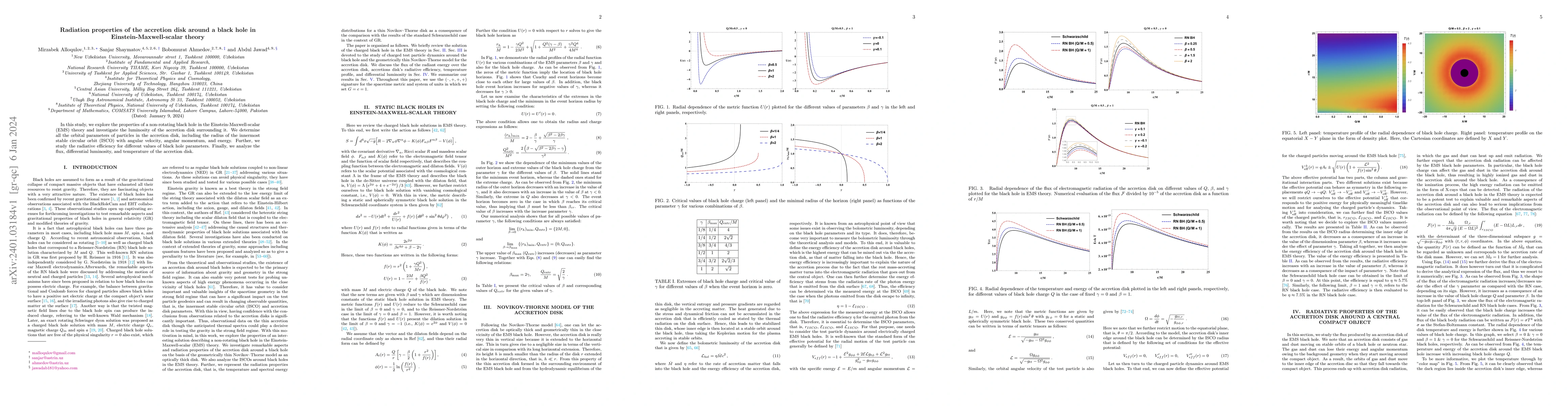 Thumbnail for Radiation properties of the accretion disk around a black hole in
  Einstein-Maxwell-scalar theory