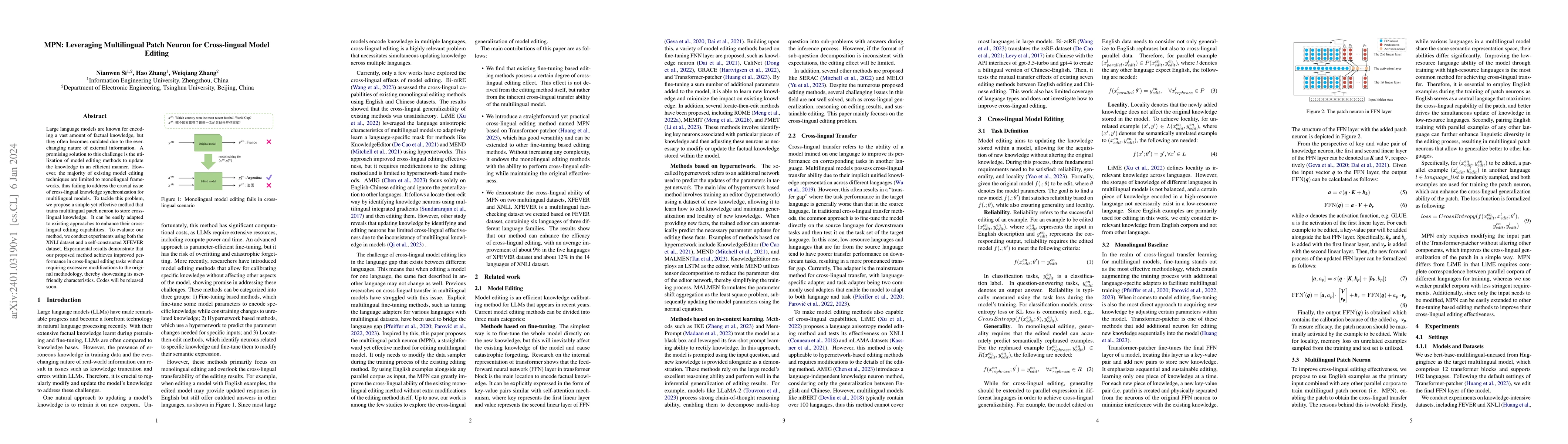Thumbnail for MPN: Leveraging Multilingual Patch Neuron for Cross-lingual Model
  Editing