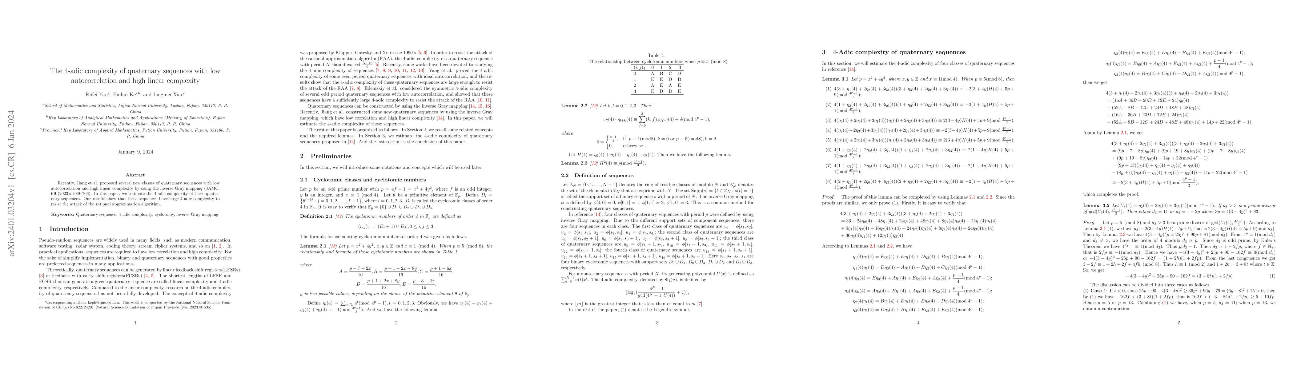 Thumbnail for The 4-adic complexity of quaternary sequences with low autocorrelation
  and high linear complexity