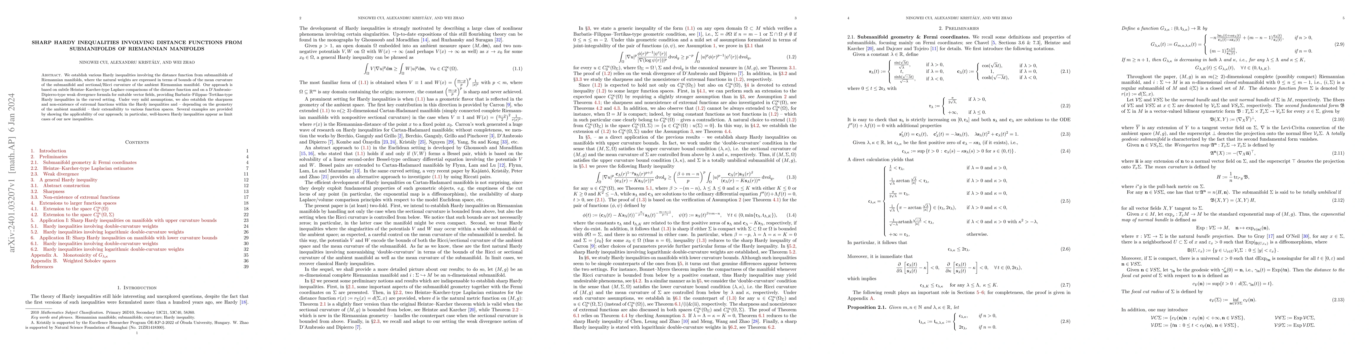 Thumbnail for Sharp Hardy inequalities involving distance functions from submanifolds
  of Riemannian manifolds