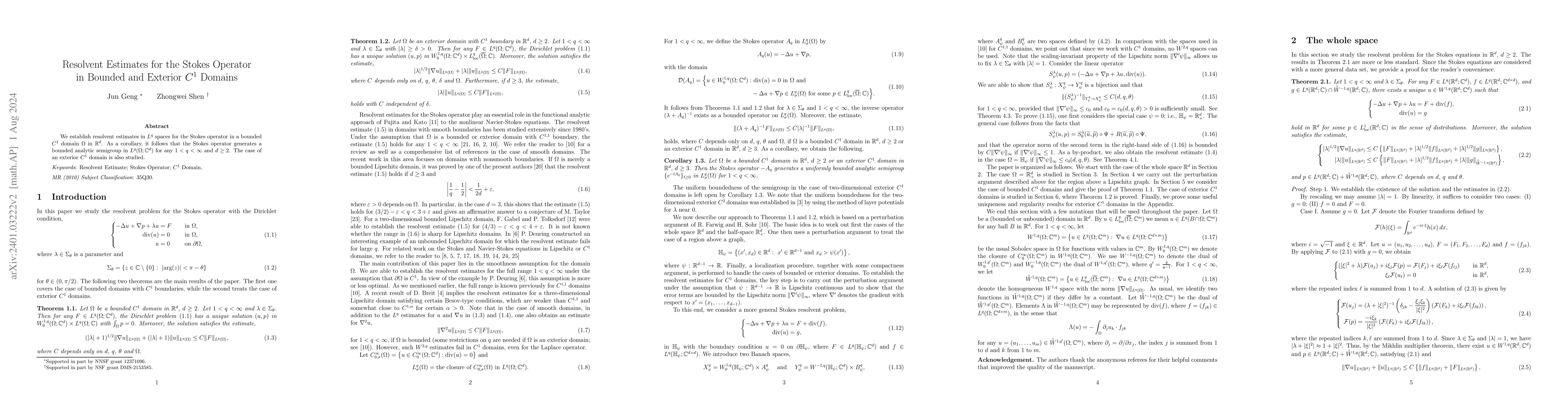 Thumbnail for Resolvent Estimates for the Stokes Operator in Bounded and Exterior
  $C^1$ Domains