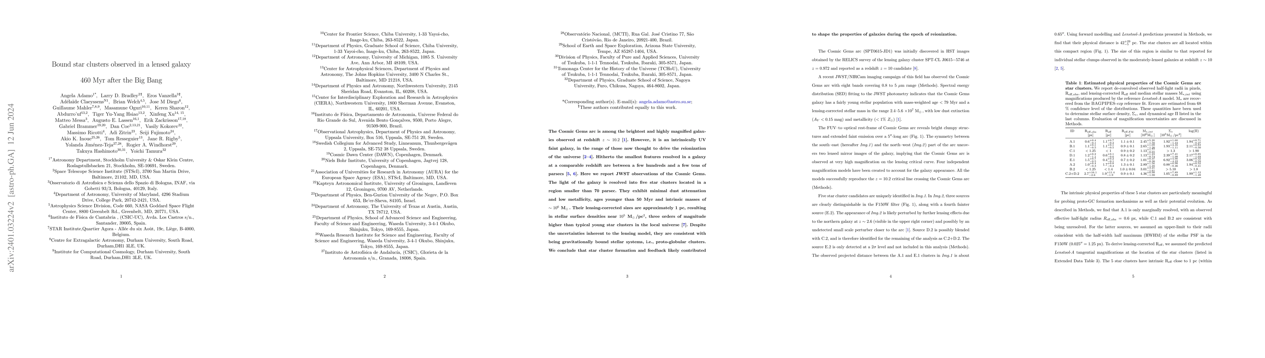 Thumbnail for Bound star clusters observed in a lensed galaxy 460 Myr after the Big
  Bang