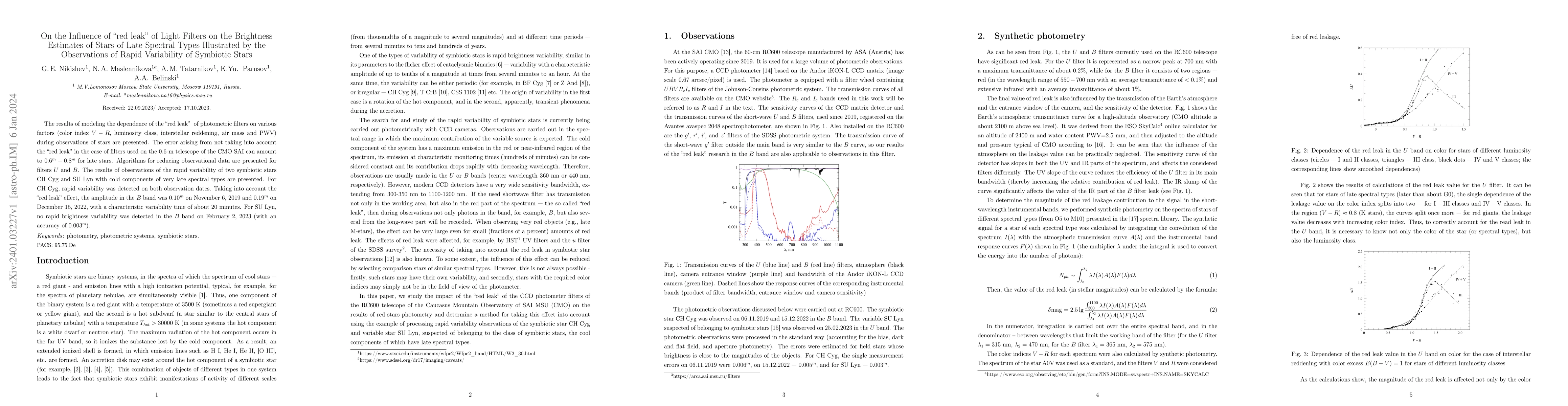Thumbnail for On the Influence of ''Red Leak''of Light Filters on the Brightness
  Estimates of Stars of Late Spectral Types Illustrated by the Observations of
  Rapid Variability of Symbiotic Stars