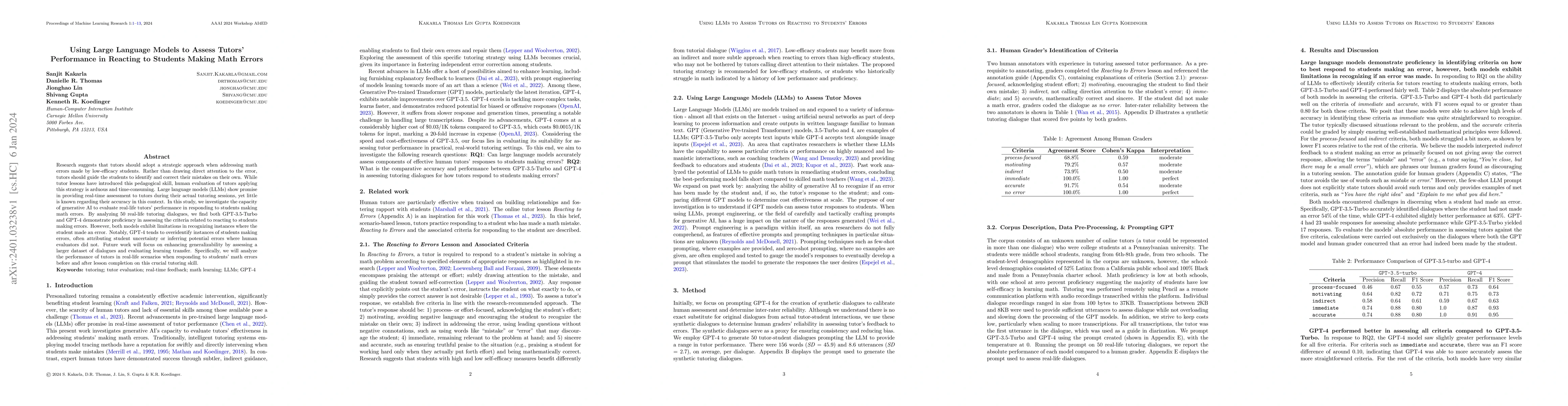 Thumbnail for Using Large Language Models to Assess Tutors' Performance in Reacting to
  Students Making Math Errors