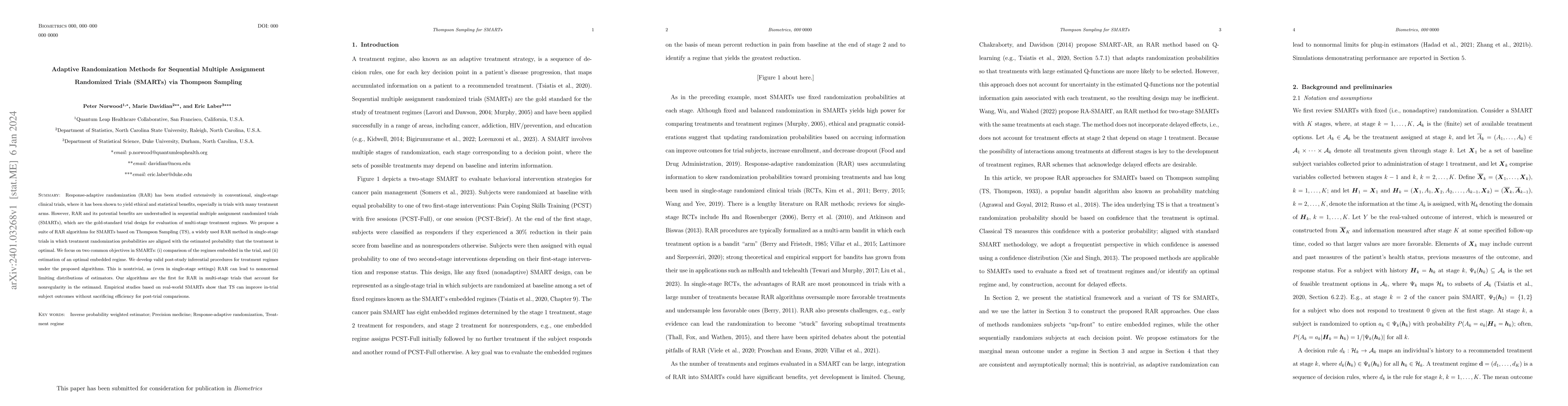 Thumbnail for Adaptive Randomization Methods for Sequential Multiple Assignment
  Randomized Trials (SMARTs) via Thompson Sampling