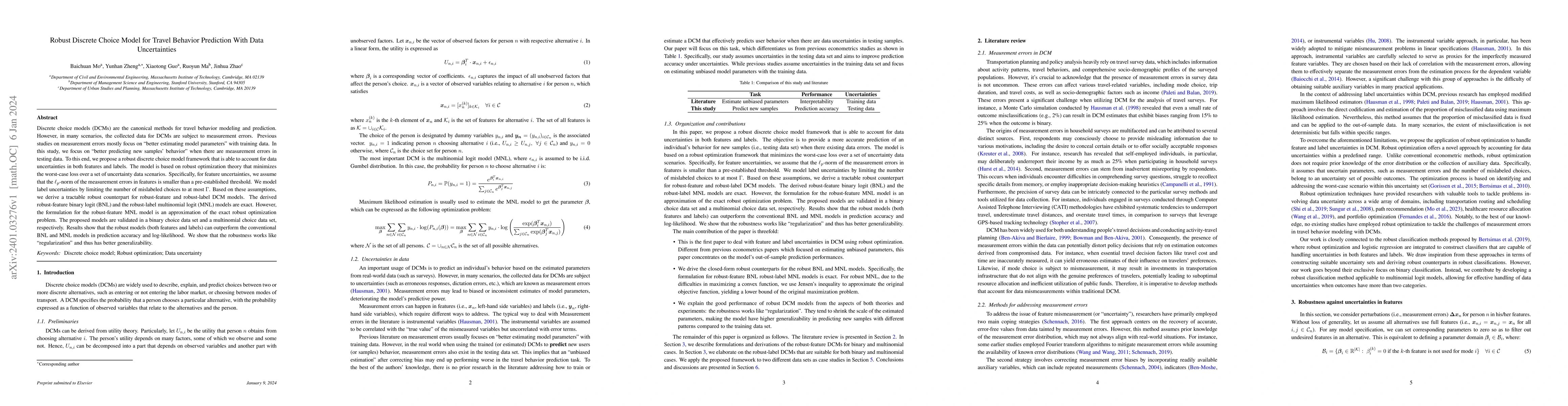 Thumbnail for Robust Discrete Choice Model for Travel Behavior Prediction With Data
  Uncertainties