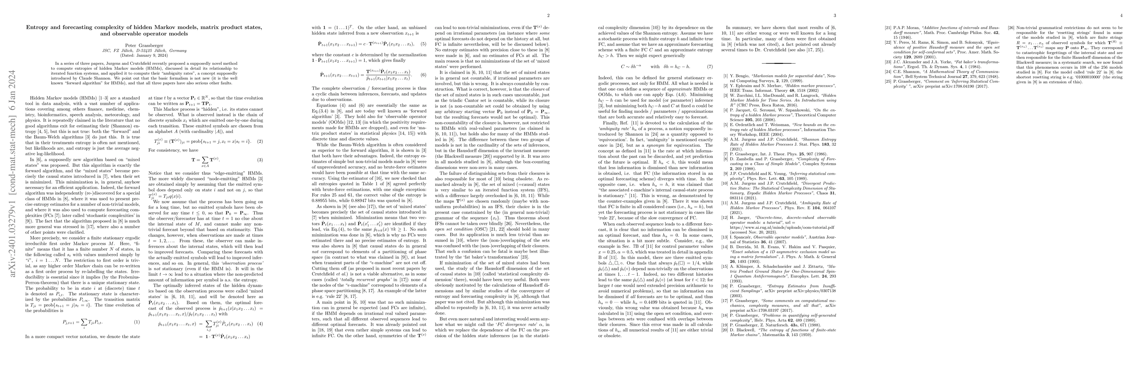 Thumbnail for Entropy and forecasting complexity of hidden Markov models, matrix
  product states, and observable operator models