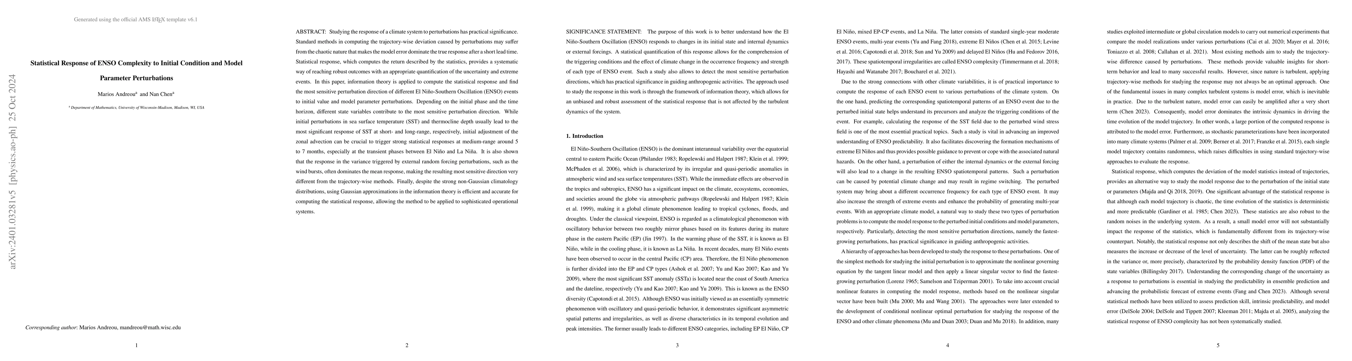 Thumbnail for Statistical Response of ENSO Complexity to Initial Condition and Model
  Parameter Perturbations
