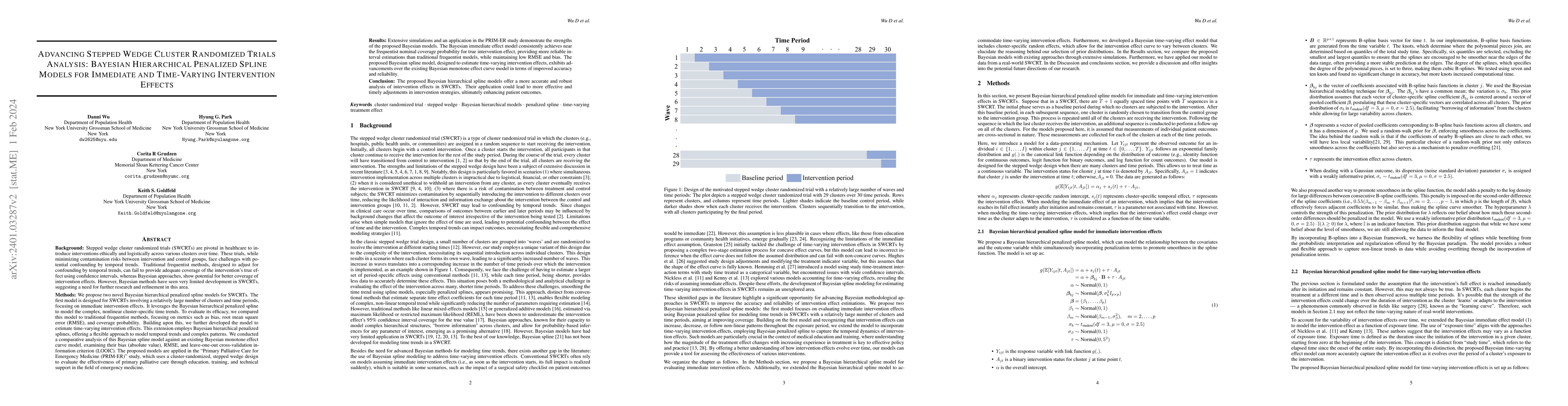 Thumbnail for Advancing Stepped Wedge Cluster Randomized Trials Analysis: Bayesian
  Hierarchical Penalized Spline Models for Immediate and Time-Varying
  Intervention Effects