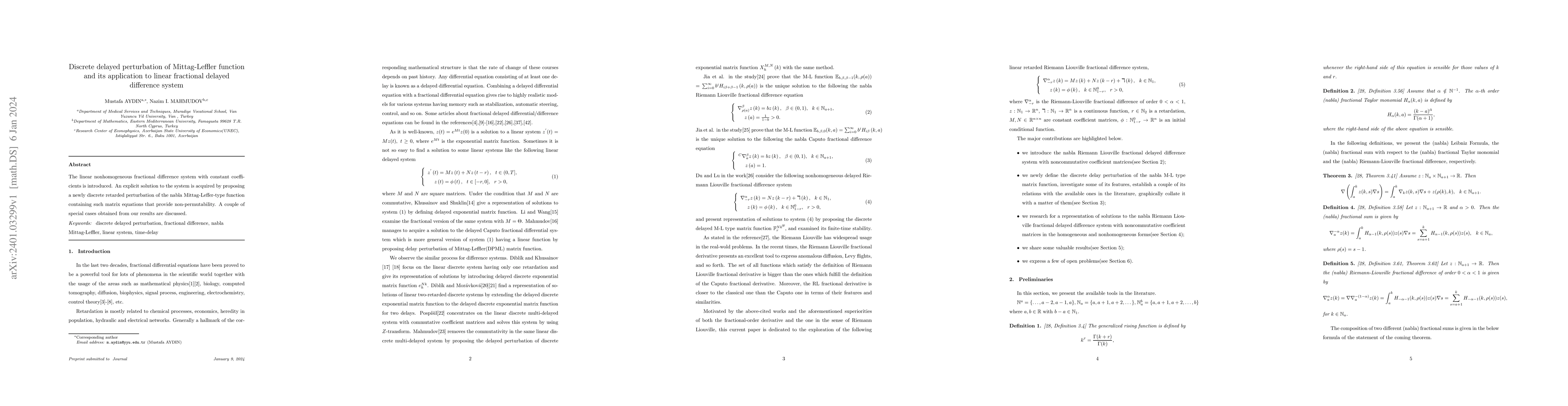 Thumbnail for Discrete delayed perturbation of Mittag-Leffler function and its
  application to linear fractional delayed difference system