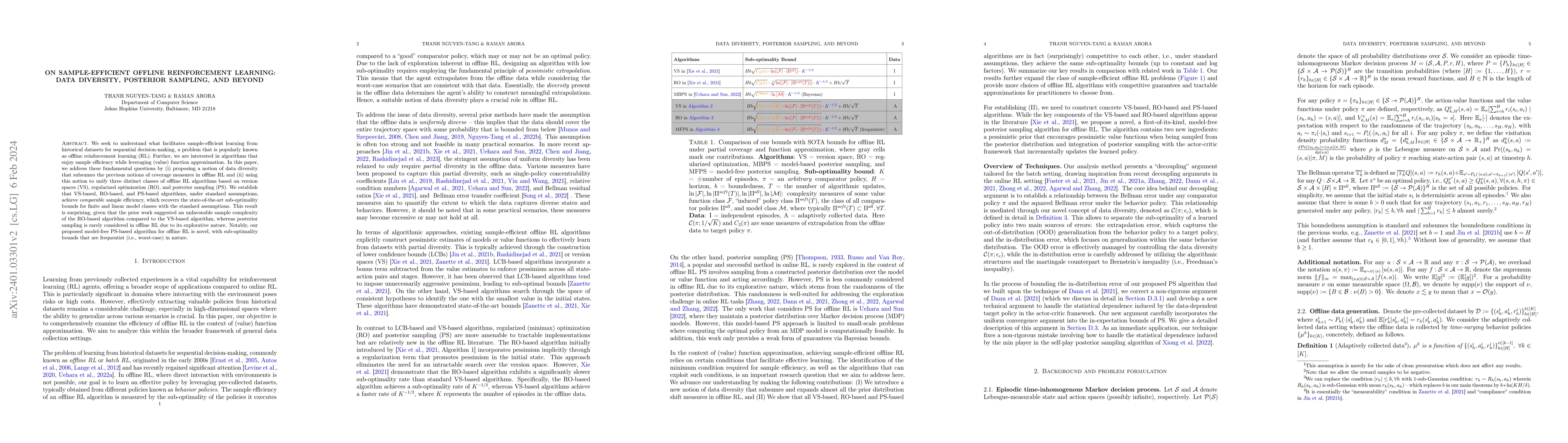 Thumbnail for On Sample-Efficient Offline Reinforcement Learning: Data Diversity,
  Posterior Sampling, and Beyond