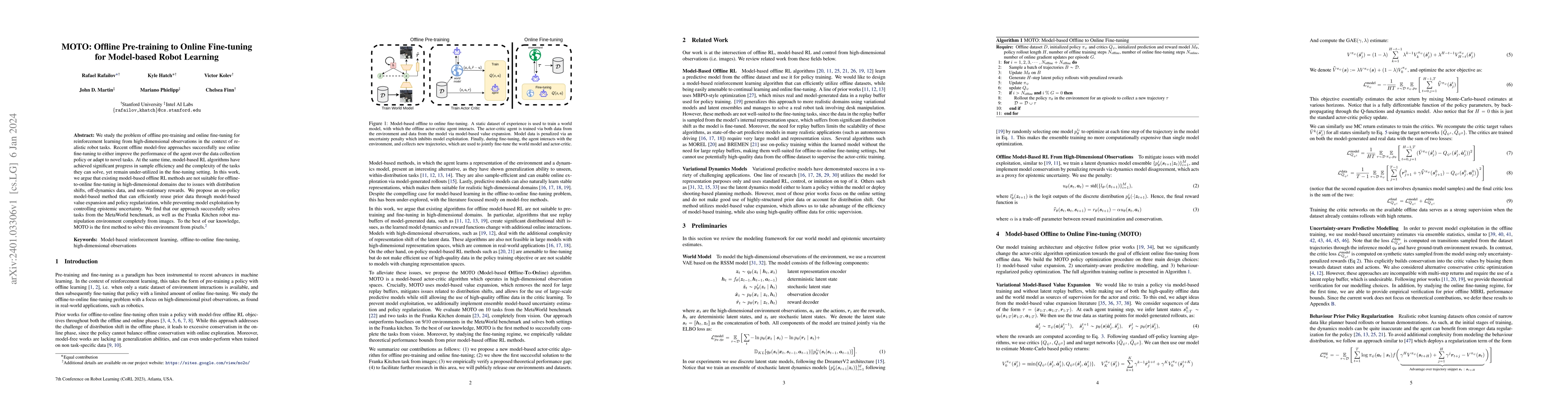 Thumbnail for MOTO: Offline Pre-training to Online Fine-tuning for Model-based Robot
  Learning