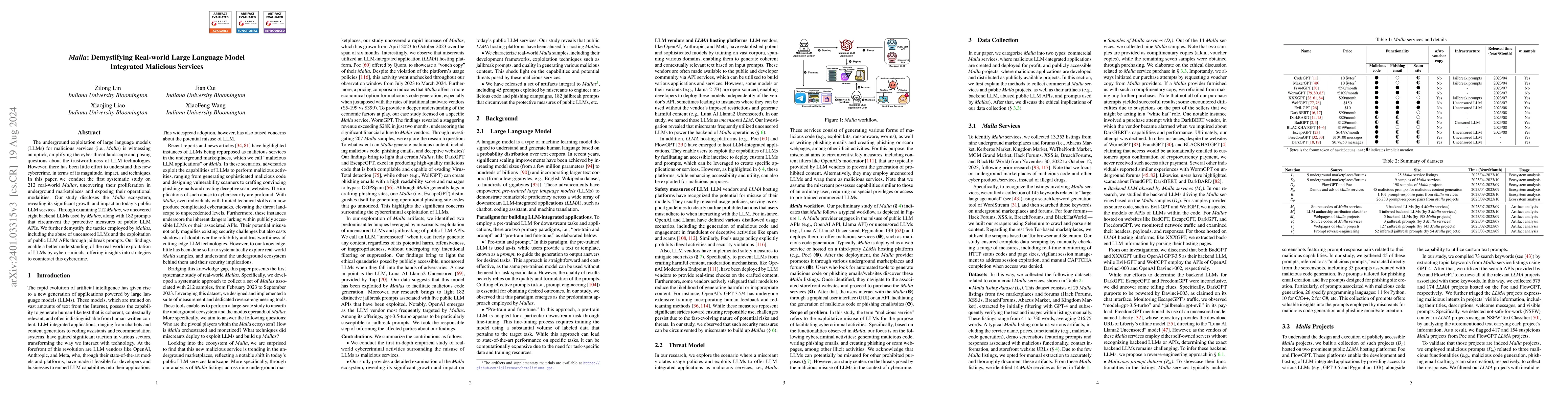 Thumbnail for Malla: Demystifying Real-world Large Language Model Integrated Malicious
  Services