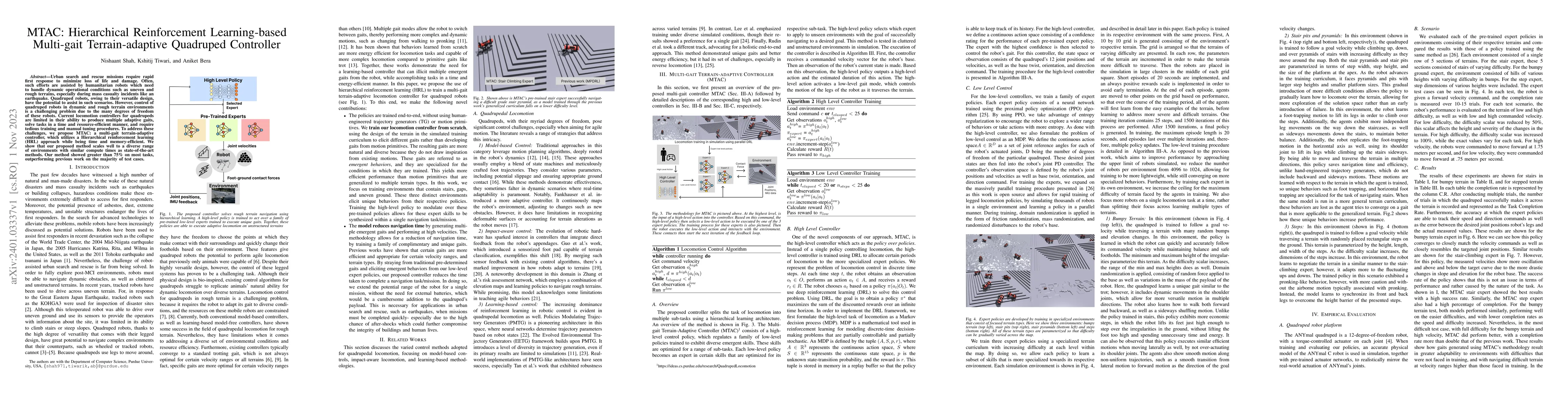 Thumbnail for MTAC: Hierarchical Reinforcement Learning-based Multi-gait
  Terrain-adaptive Quadruped Controller