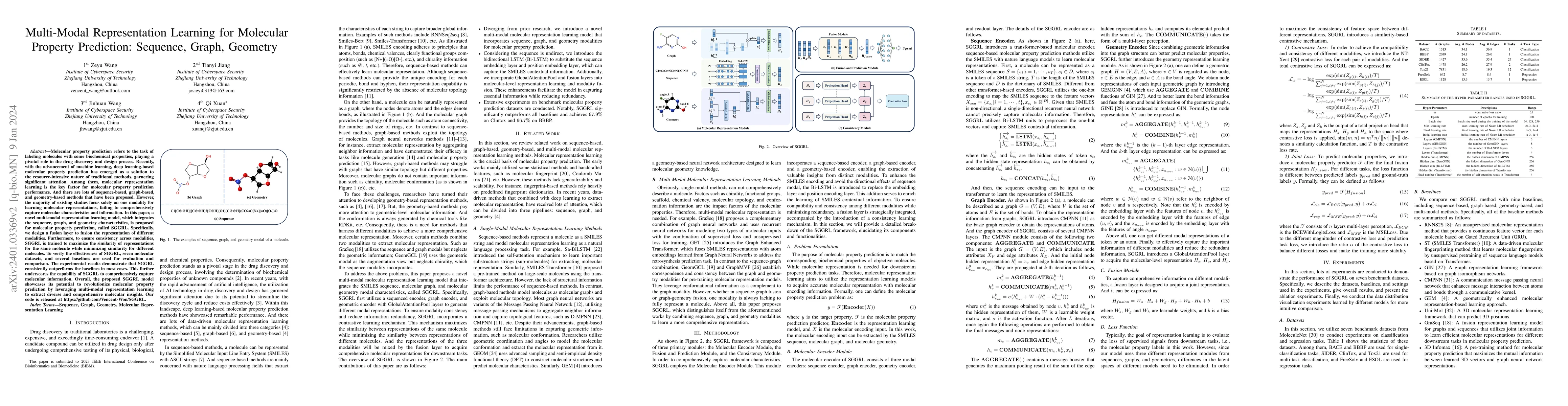 Thumbnail for Multi-Modal Representation Learning for Molecular Property Prediction:
  Sequence, Graph, Geometry