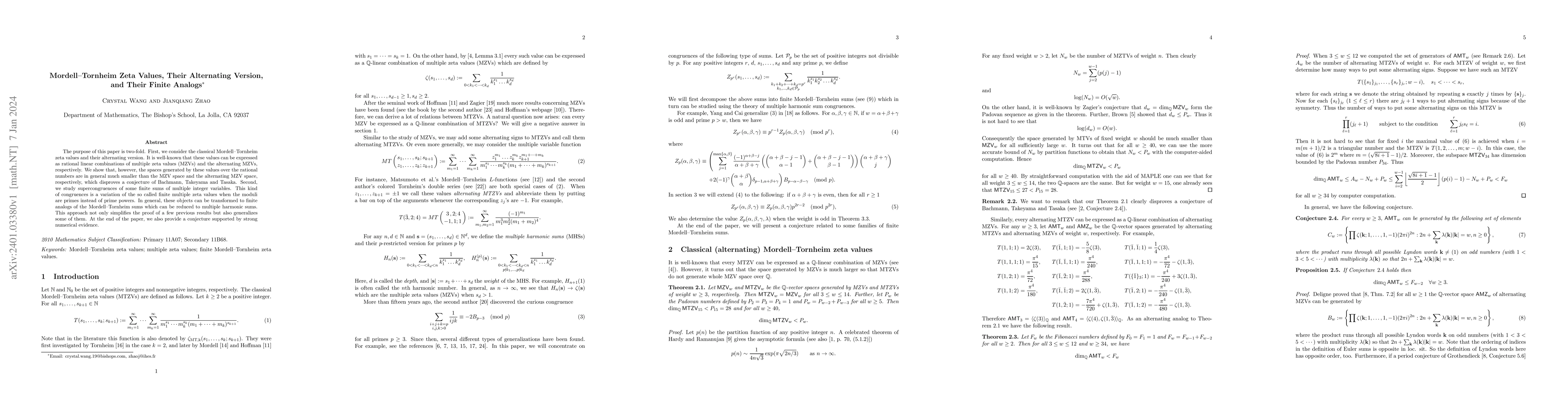 Thumbnail for Mordell--Tornheim Zeta Values, Their Alternating Version, and Their
  Finite Analogs