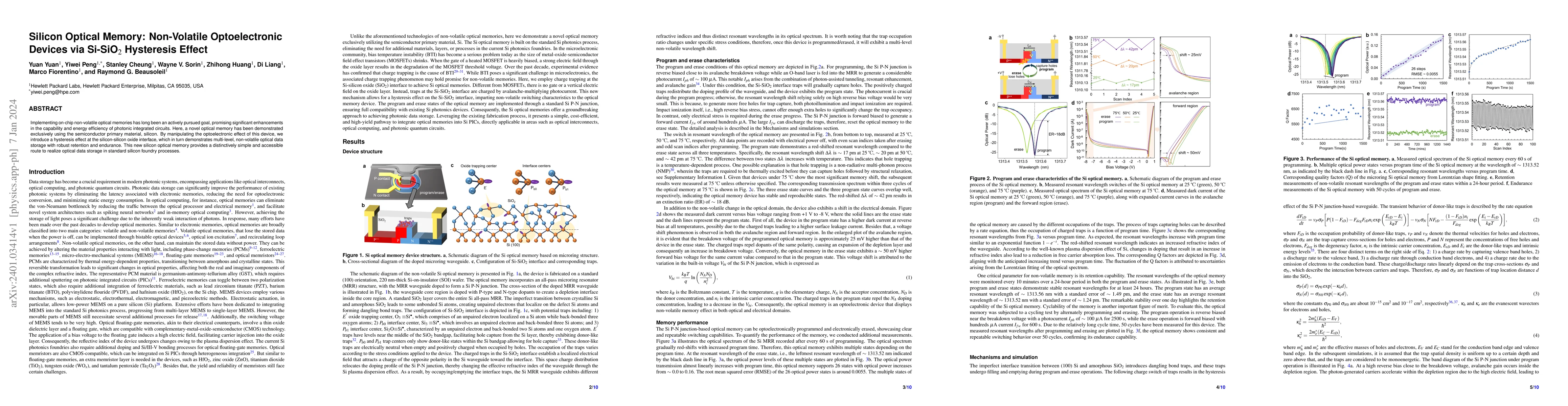Thumbnail for Silicon Optical Memory: Non-Volatile Optoelectronic Devices via
  Si-SiO$_2$ Hysteresis Effect