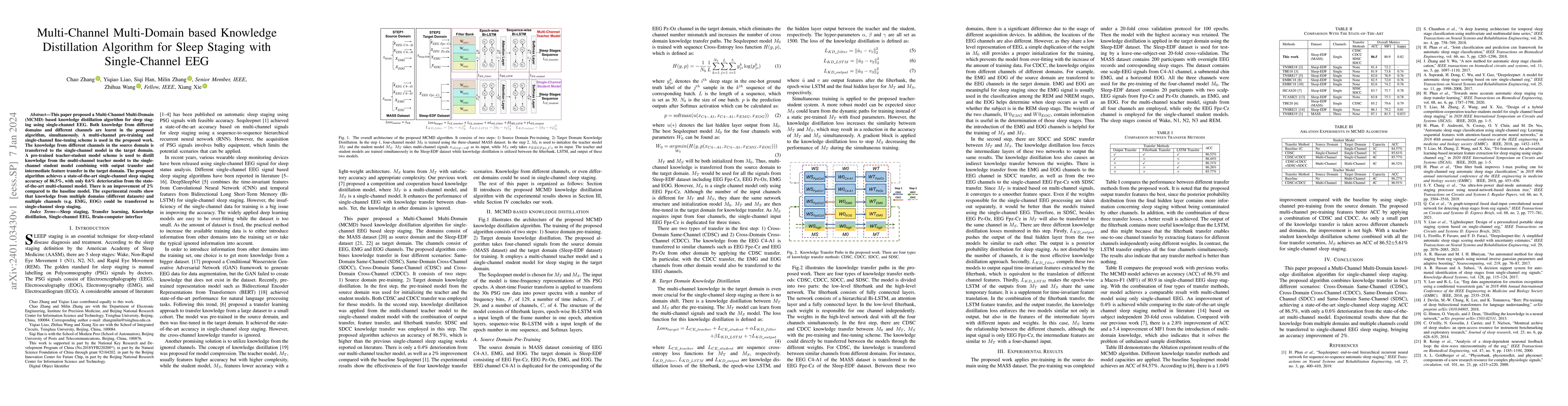 Thumbnail for Multi-Channel Multi-Domain based Knowledge Distillation Algorithm for
  Sleep Staging with Single-Channel EEG