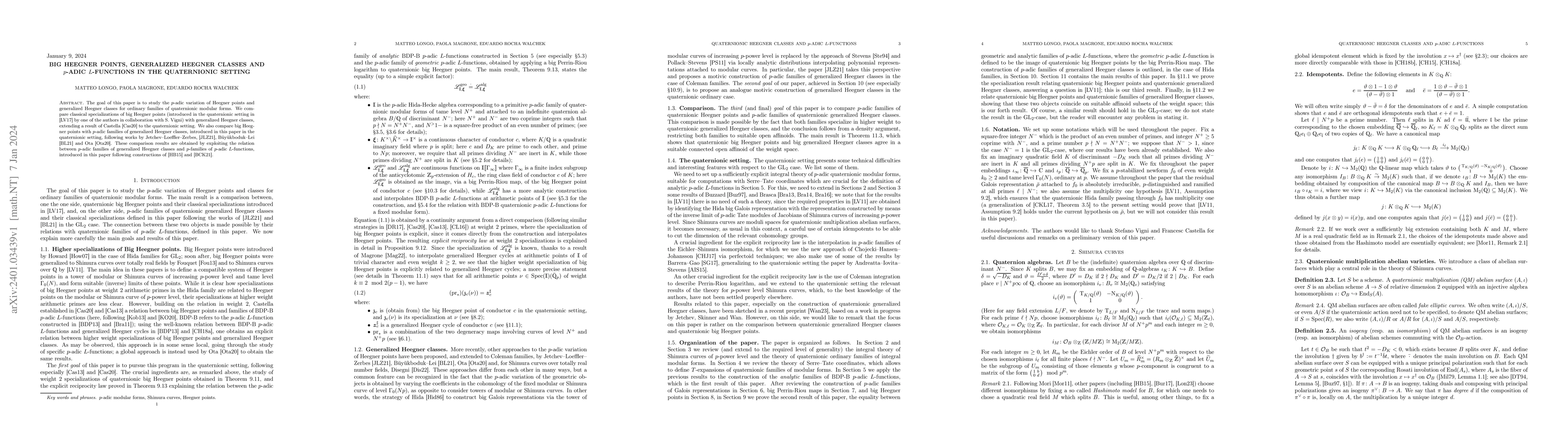 Thumbnail for Big Heegner points, generalized Heegner classes and $p$-adic
  $L$-functions in the quaternionic setting