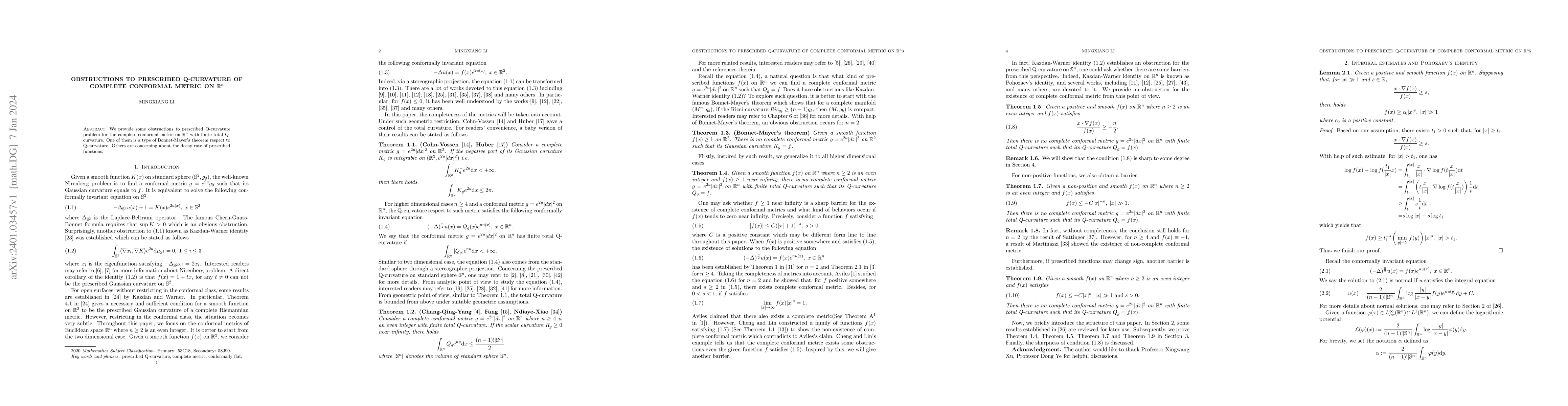 Thumbnail for Obstructions to prescribed Q-curvature of complete conformal metric on
  $\mathbb{R}^n$