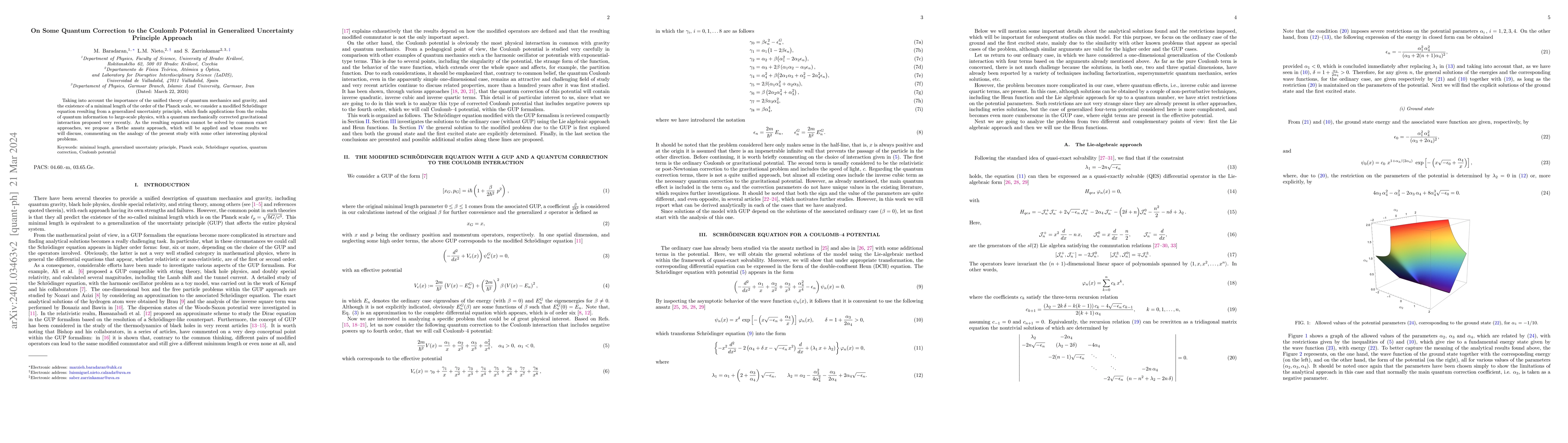 Thumbnail for On Some Quantum Correction to the Coulomb Potential in Generalized
  Uncertainty Principle Approach