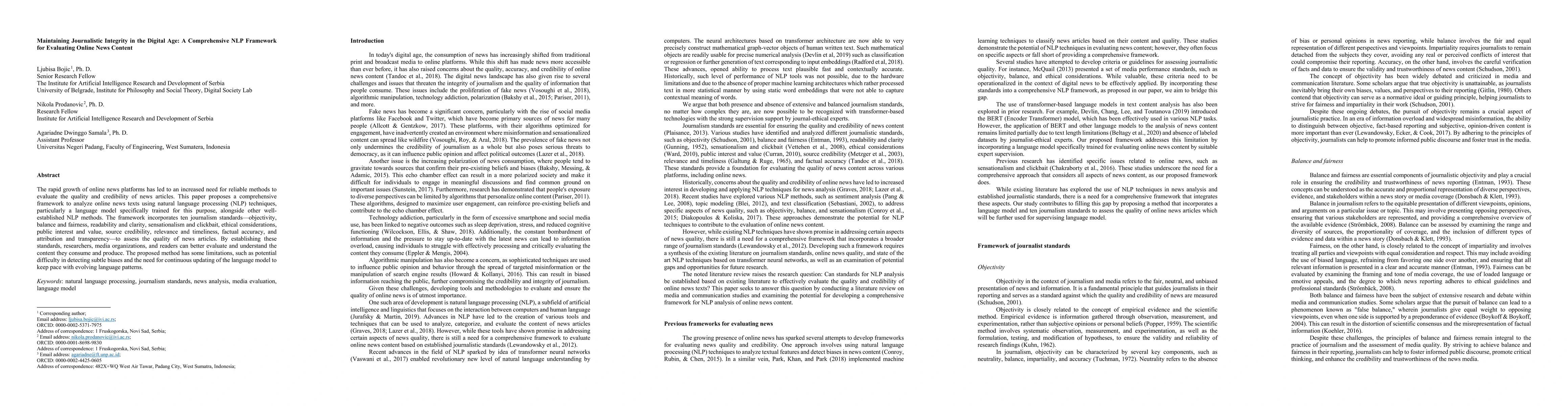 Thumbnail for Maintaining Journalistic Integrity in the Digital Age: A Comprehensive
  NLP Framework for Evaluating Online News Content