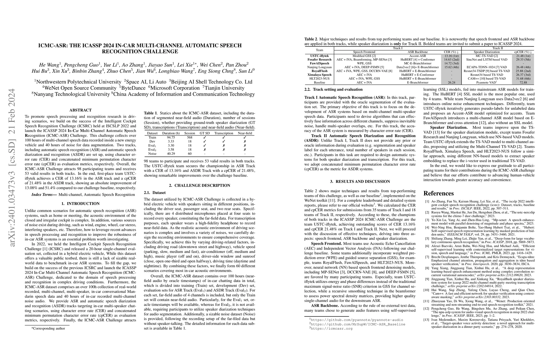 Thumbnail for ICMC-ASR: The ICASSP 2024 In-Car Multi-Channel Automatic Speech
  Recognition Challenge