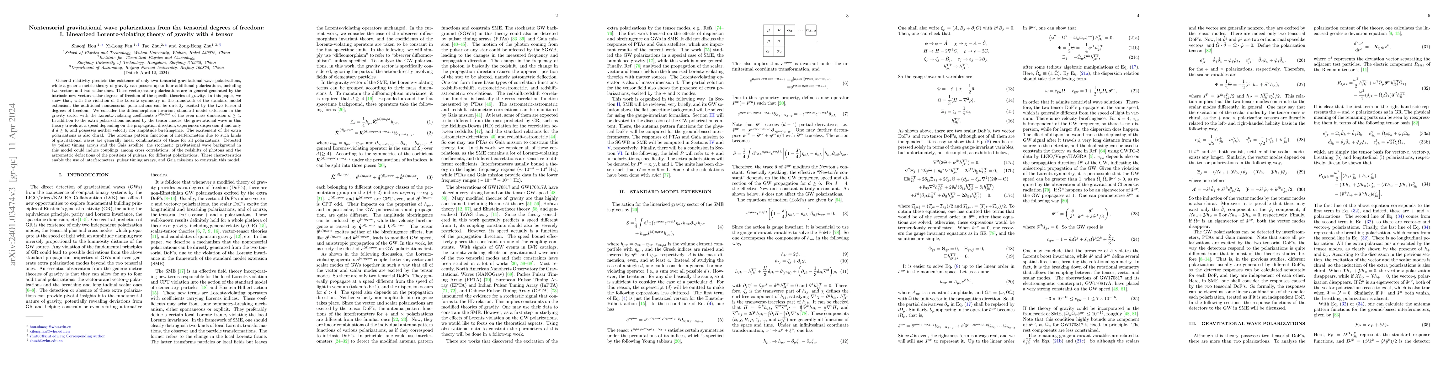Thumbnail for Nontensorial gravitational wave polarizations from the tensorial degrees
  of freedom: I. Linearized Lorentz-violating theory of gravity with s tensor