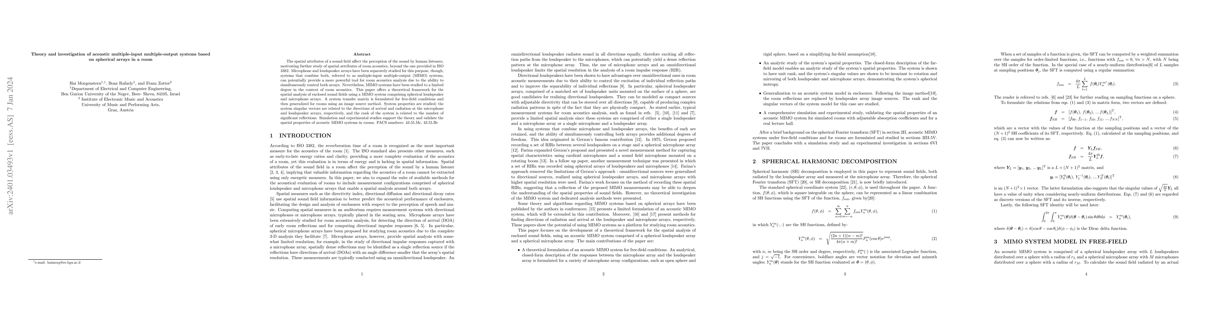 Thumbnail for Theory and investigation of acoustic multiple-input multiple-output
  systems based on spherical arrays in a room