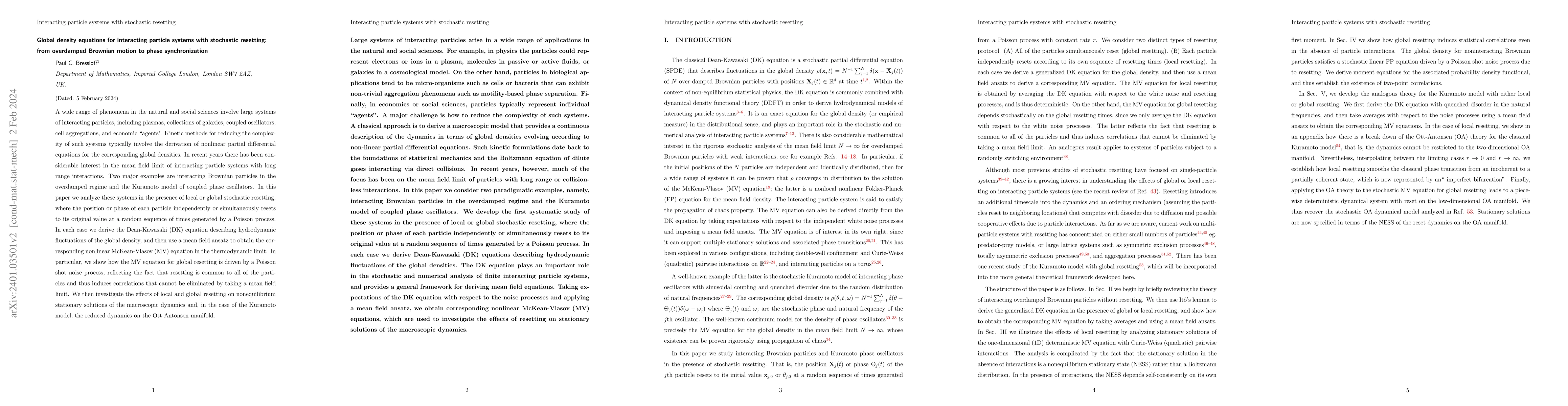 Thumbnail for Global density equations for interacting particle systems with
  stochastic resetting: from overdamped Brownian motion to phase
  synchronization