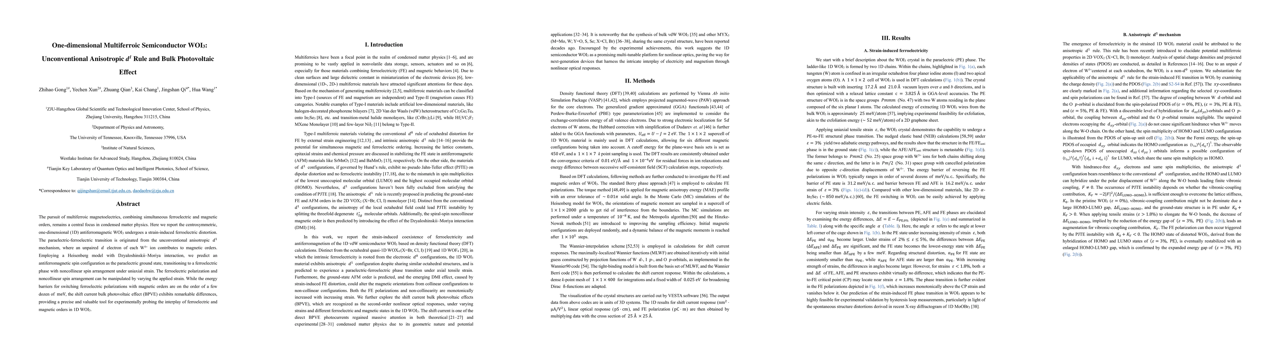 Thumbnail for One-dimensional Multiferroic Semiconductor WOI3: Unconventional
  Anisotropic d^1 Rule and Bulk Photovoltaic Effect