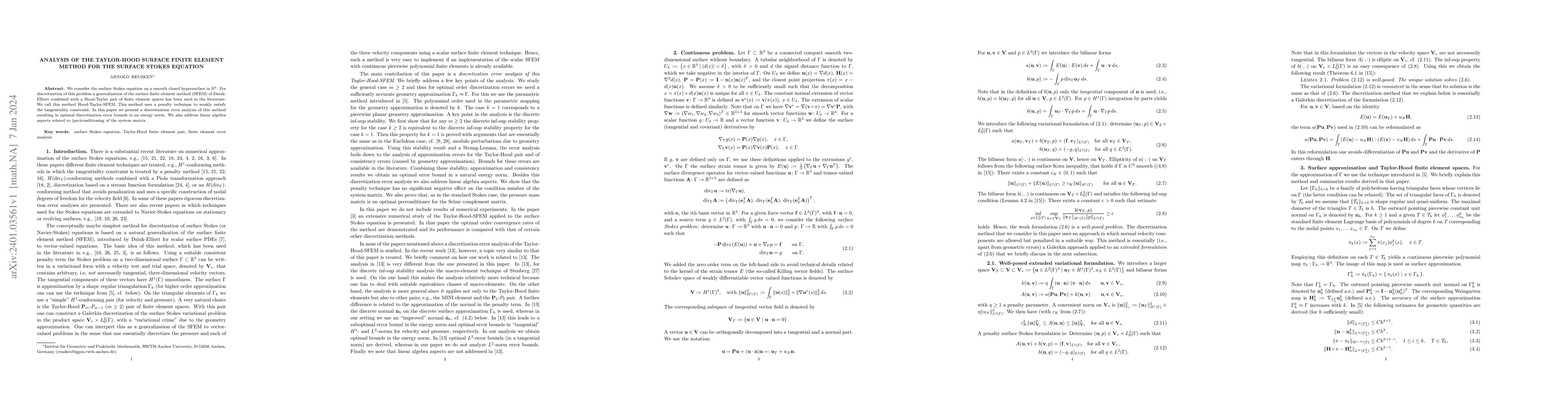 Thumbnail for Analysis of the Taylor-Hood Surface Finite Element Method for the
  surface Stokes equation