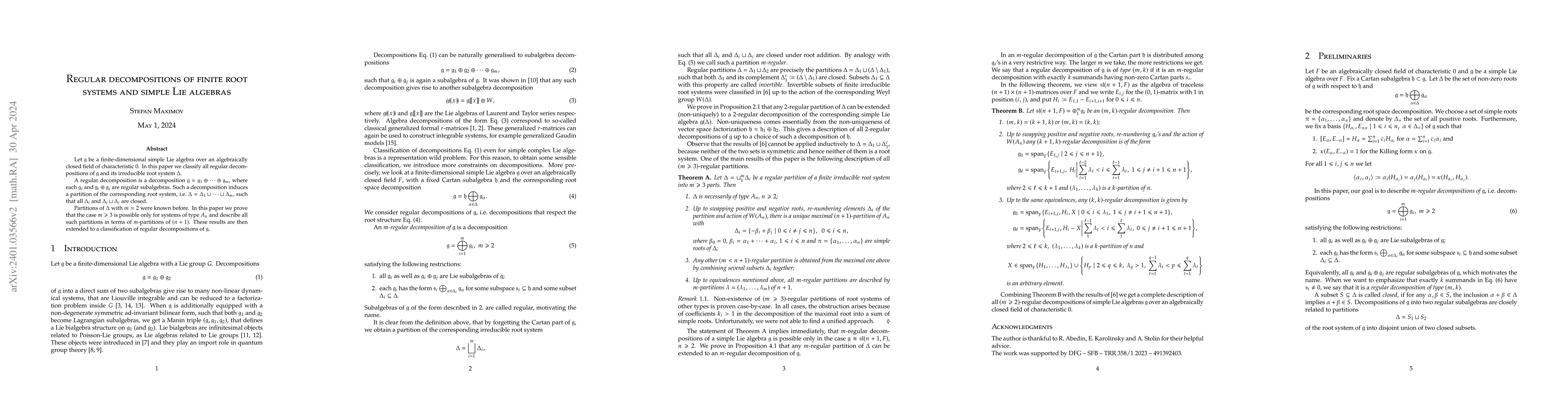 Thumbnail for Regular decompositions of finite root systems and simple Lie algebras