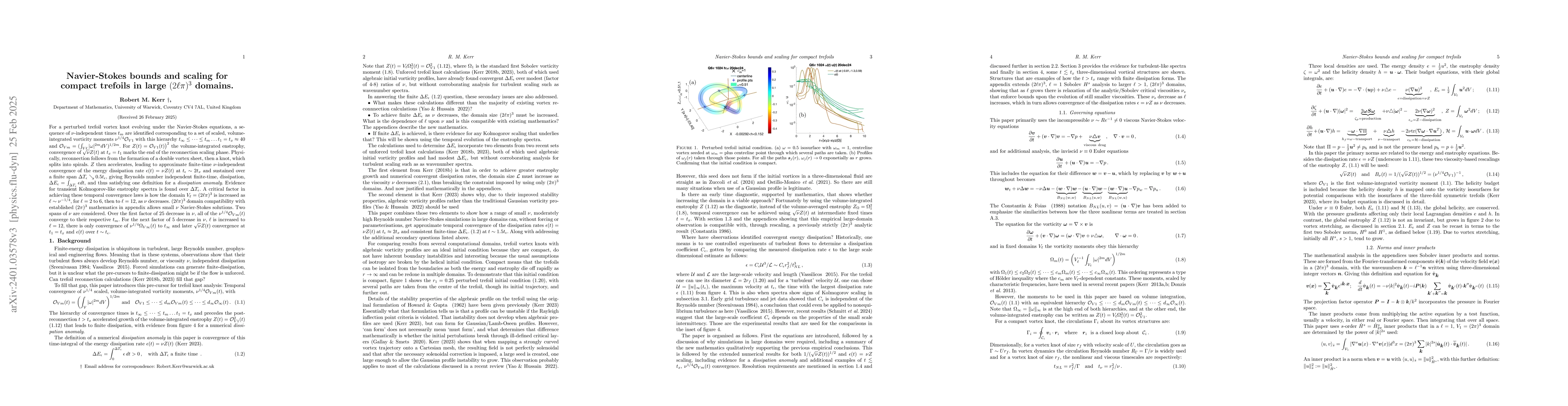 Thumbnail for Navier-Stokes bounds and scaling for compact trefoils in $(2\ell\pi)^3$
  domains