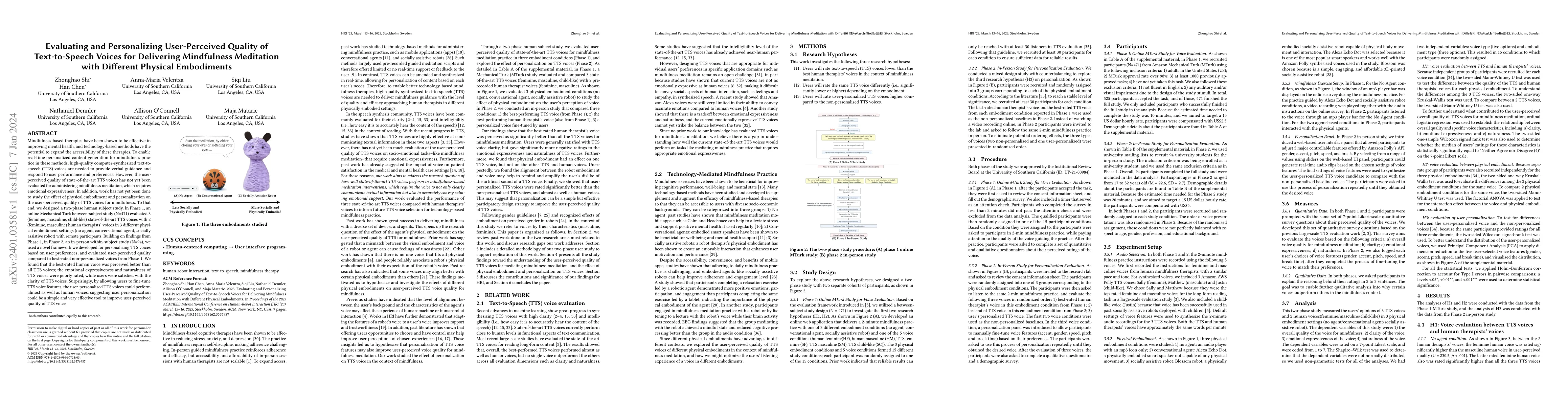 Thumbnail for Evaluating and Personalizing User-Perceived Quality of Text-to-Speech
  Voices for Delivering Mindfulness Meditation with Different Physical
  Embodiments