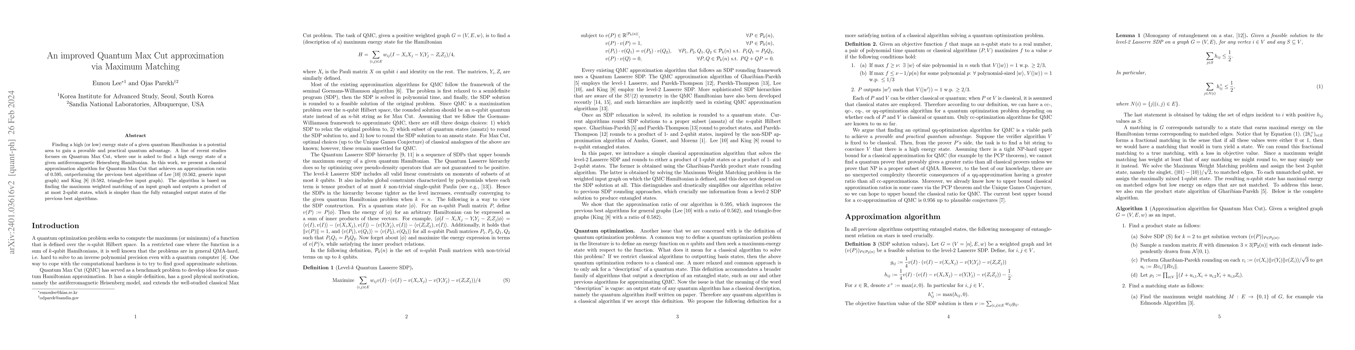 Thumbnail for An improved Quantum Max Cut approximation via matching