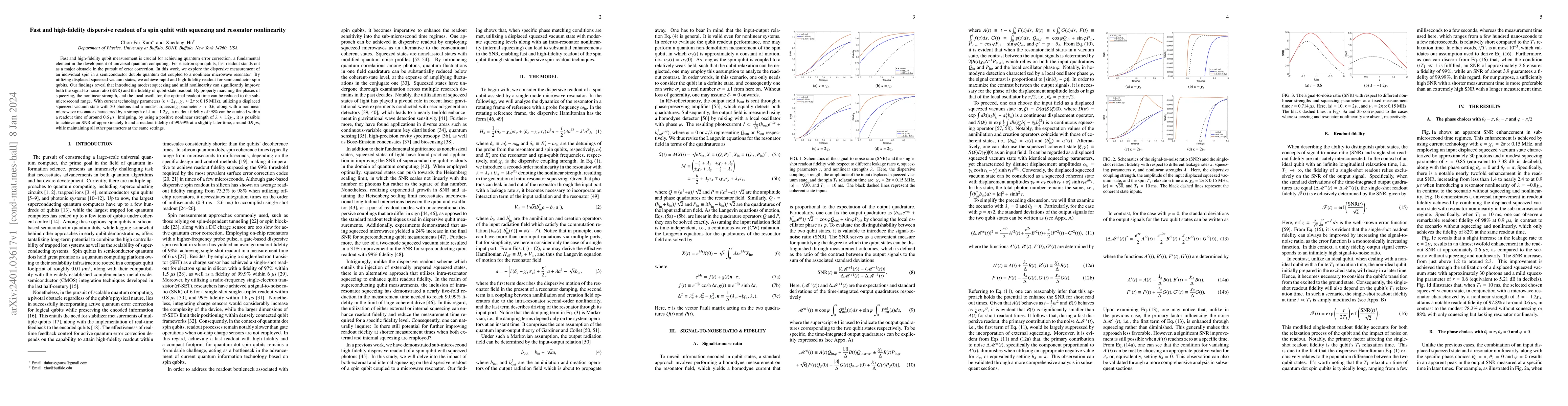 Thumbnail for Fast and high-fidelity dispersive readout of a spin qubit via squeezing
  and resonator nonlinearity
