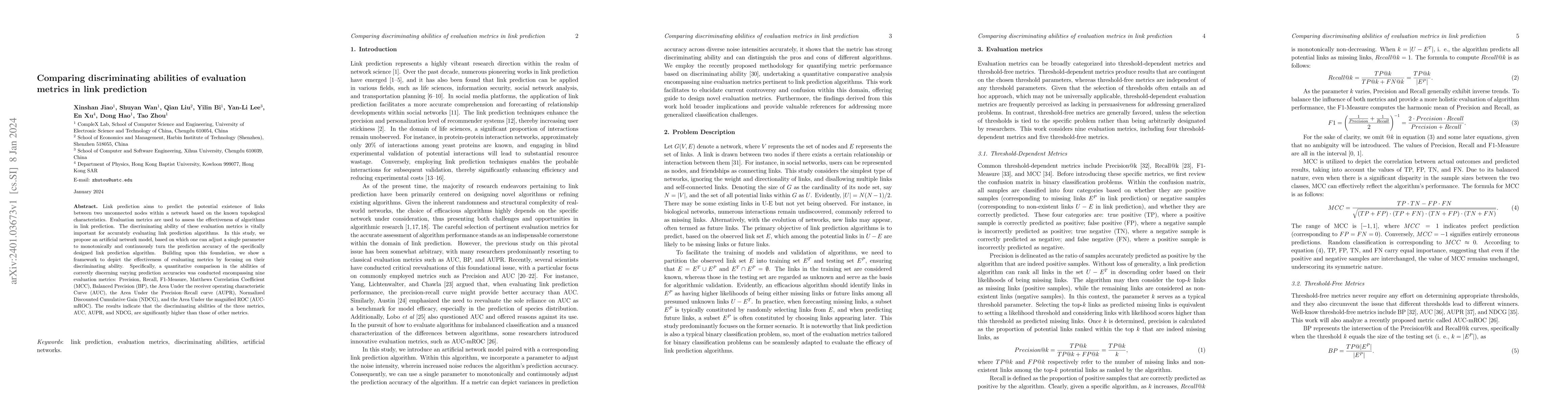 Thumbnail for Comparing discriminating abilities of evaluation metrics in link
  prediction