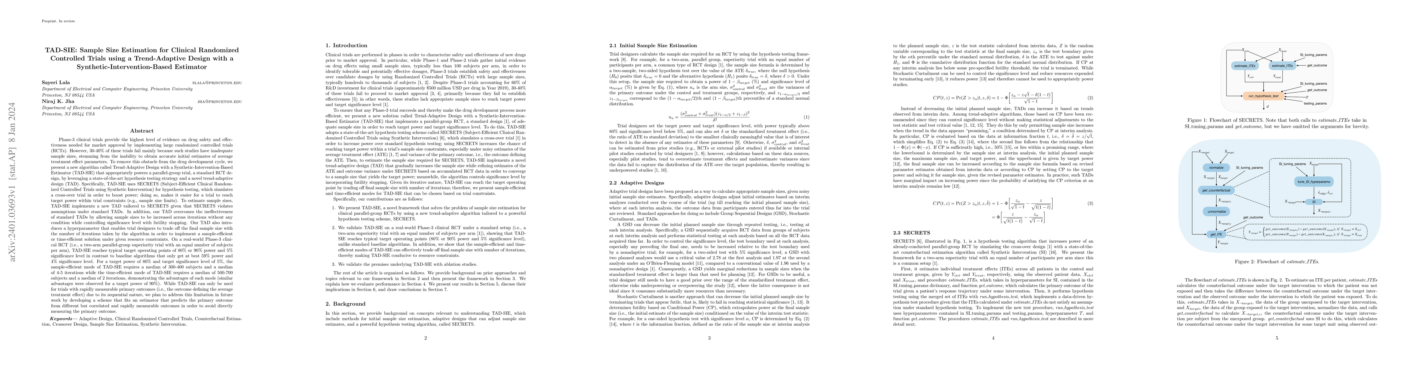 Thumbnail for TAD-SIE: Sample Size Estimation for Clinical Randomized Controlled
  Trials using a Trend-Adaptive Design with a Synthetic-Intervention-Based
  Estimator