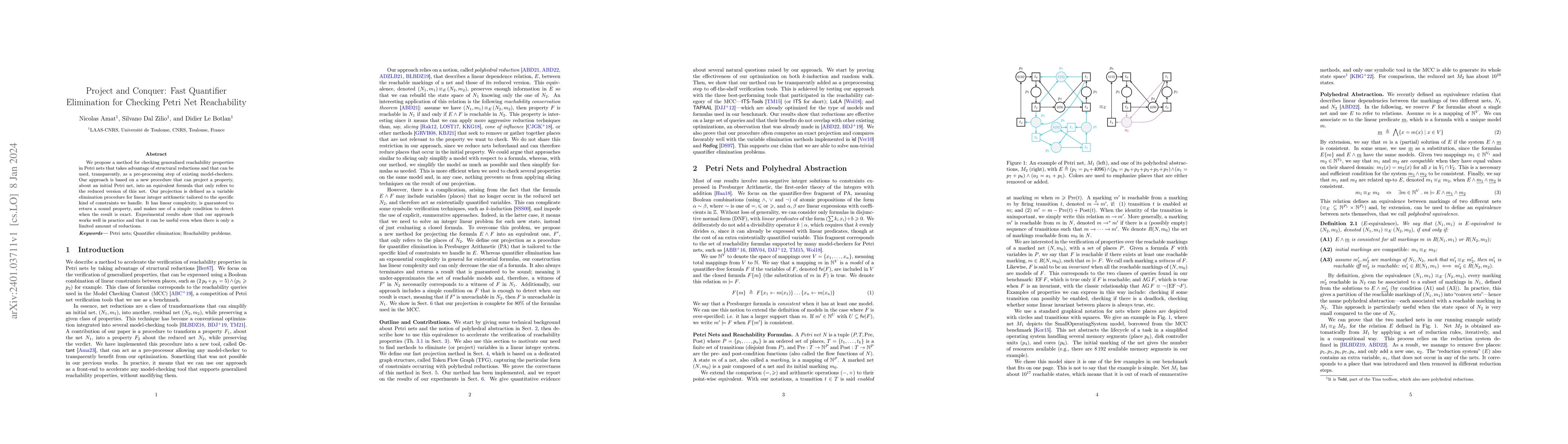 Thumbnail for Project and Conquer: Fast Quantifier Elimination for Checking Petri Net
  Reachability