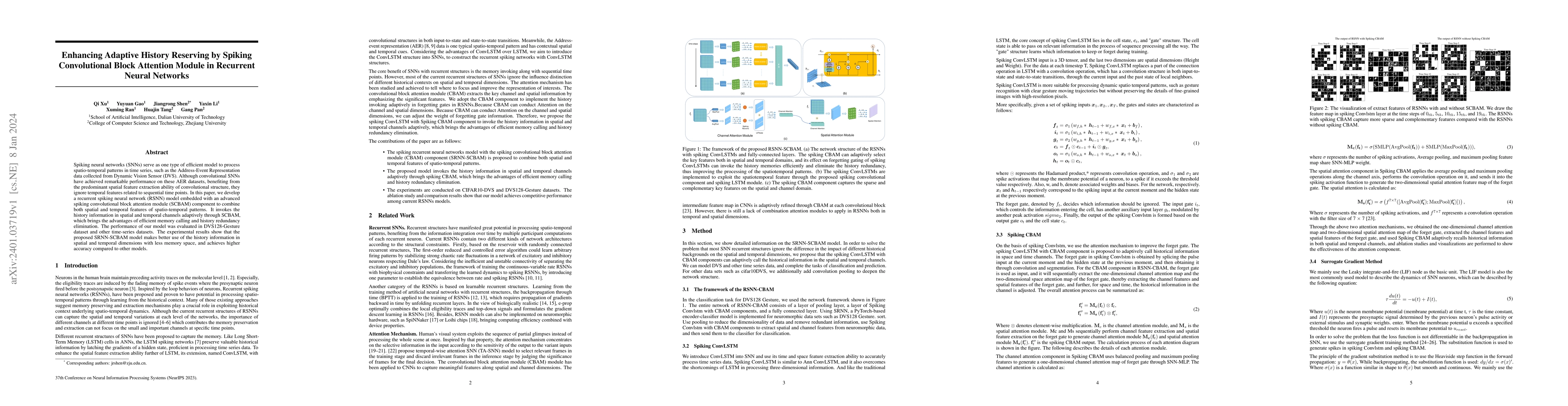 Thumbnail for Enhancing Adaptive History Reserving by Spiking Convolutional Block
  Attention Module in Recurrent Neural Networks