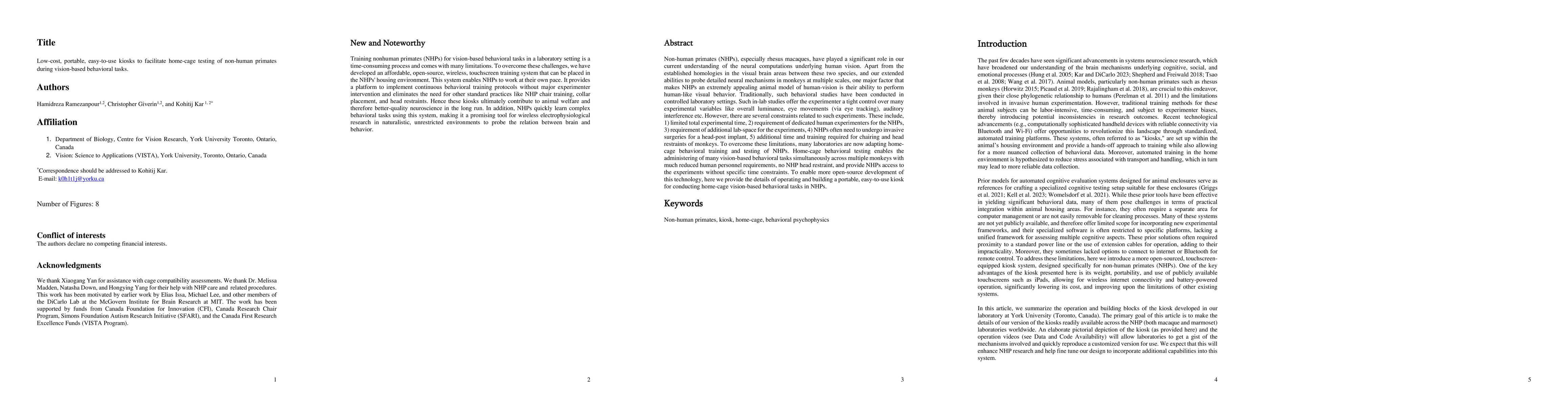 Thumbnail for Low-cost, portable, easy-to-use kiosks to facilitate home-cage testing
  of non-human primates during vision-based behavioral tasks