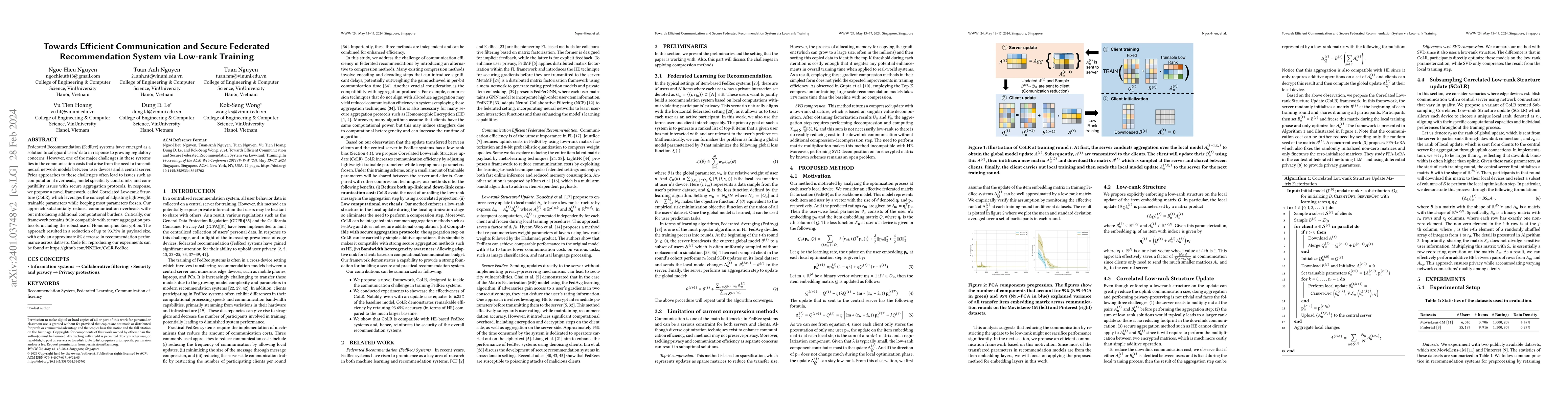 Thumbnail for Towards Efficient Communication and Secure Federated Recommendation
  System via Low-rank Training
