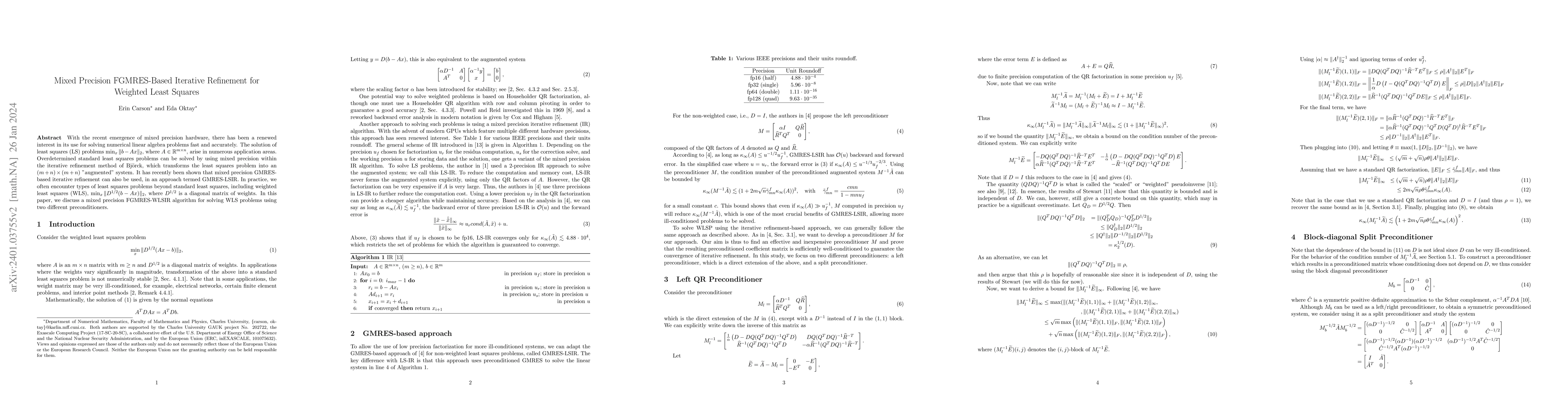 Thumbnail for Mixed Precision FGMRES-Based Iterative Refinement for Weighted Least
  Squares