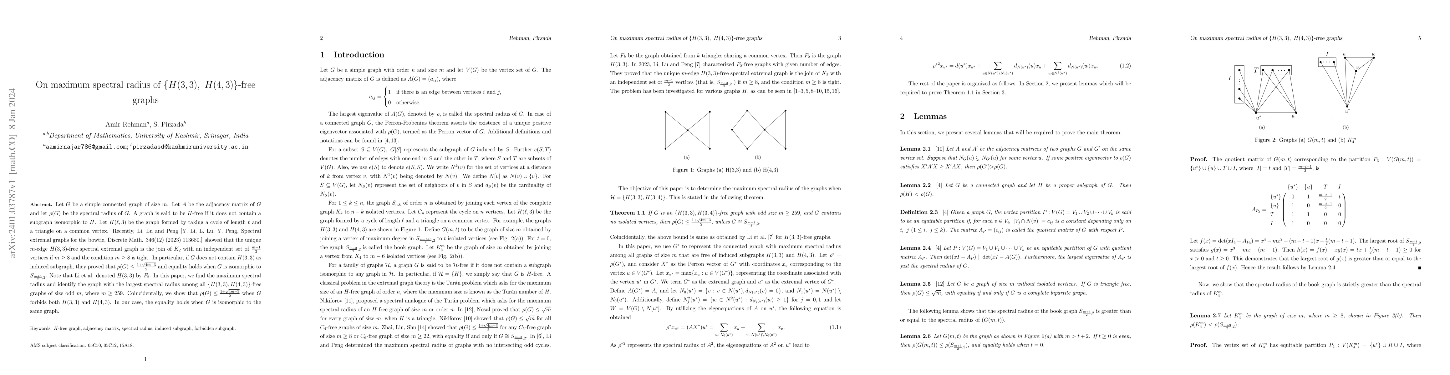 Thumbnail for On maximum spectral radius of $\{H(3,3),~H(4,3)\}$-free graphs