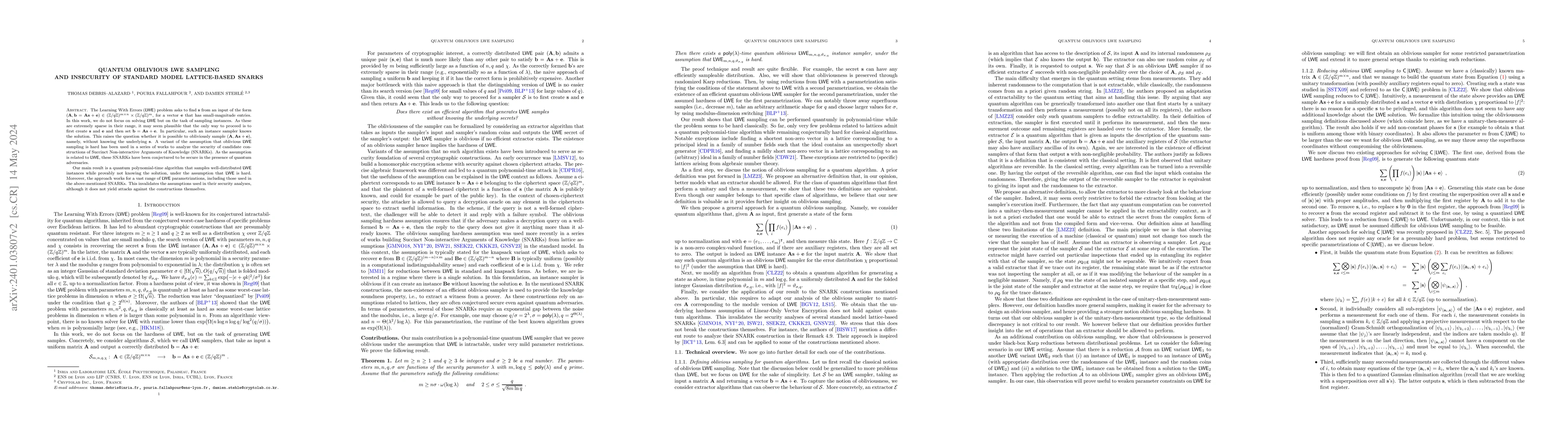 Thumbnail for Quantum Oblivious LWE Sampling and Insecurity of Standard Model
  Lattice-Based SNARKs