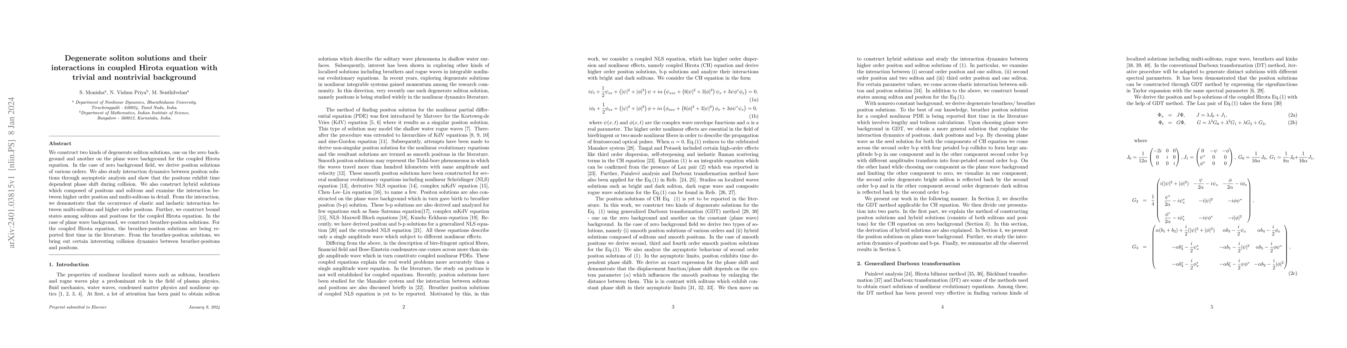 Thumbnail for Degenerate soliton solutions and their interactions in coupled Hirota
  equation with trivial and nontrivial background