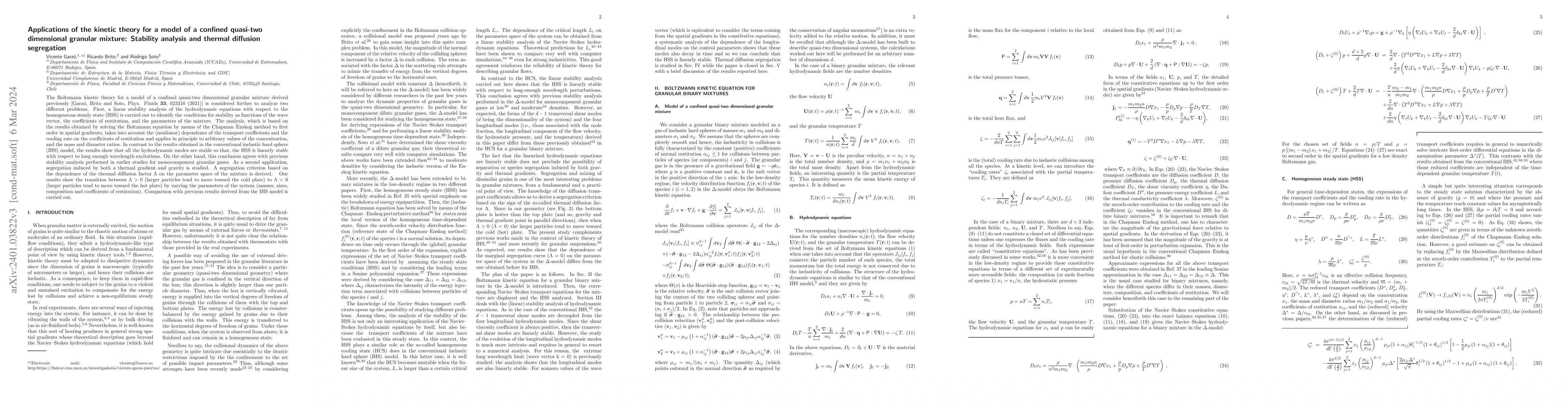 Thumbnail for Applications of the kinetic theory for a model of a confined quasi-two
  dimensional granular mixture: Stability analysis and thermal diffusion
  segregation