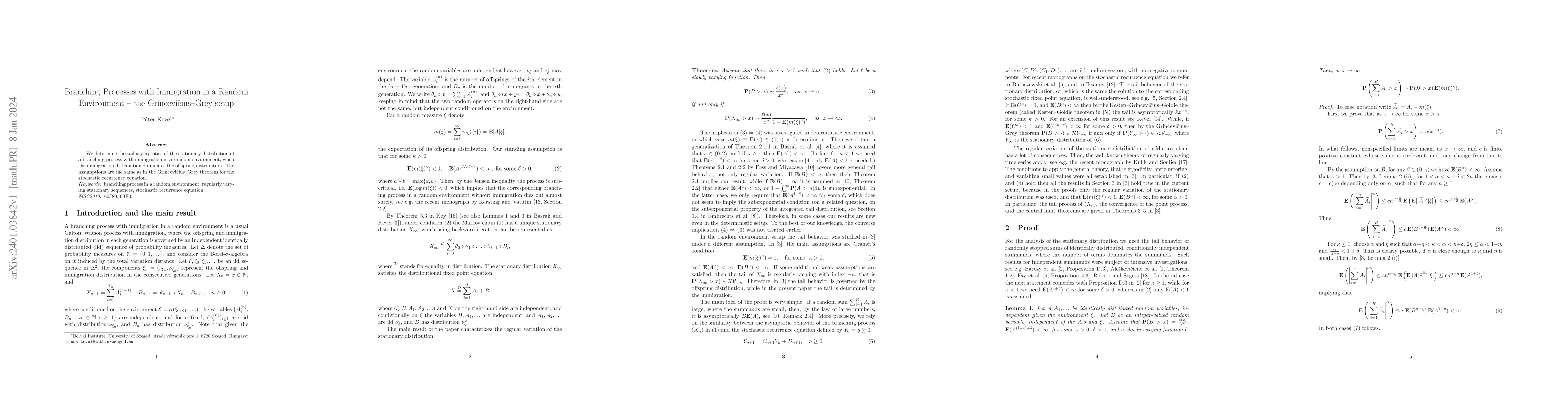 Thumbnail for Branching Processes with Immigration in a Random Environment -- the
  Grincevi\v{c}ius--Grey setup