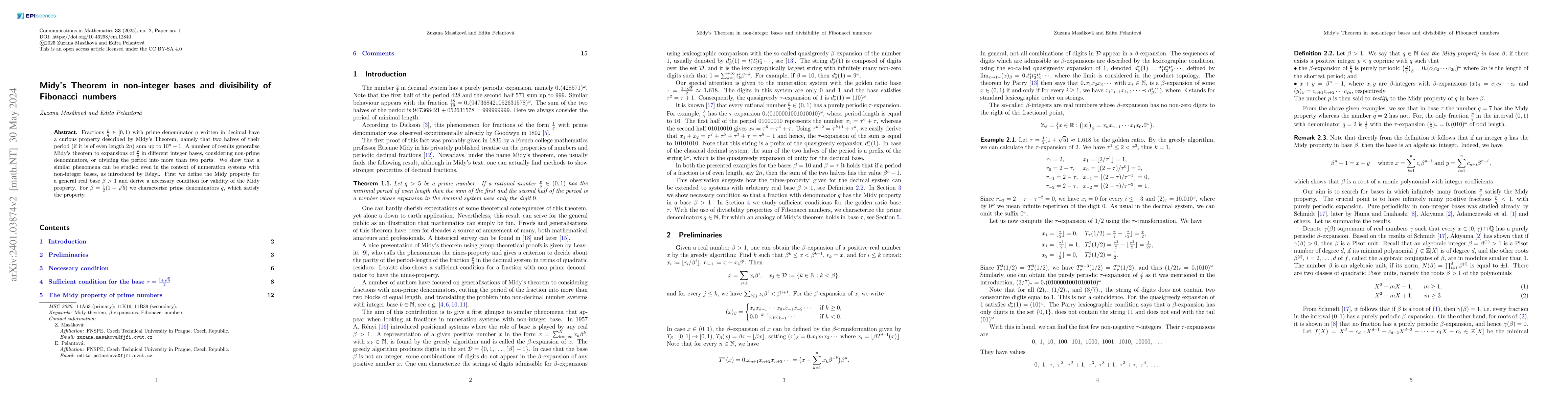 Thumbnail for Midy's Theorem in non-integer bases and divisibility of Fibonacci
  numbers